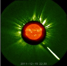 Comet Lovejoy in STEREO/SECCHI COR-1B Comet Lovejoy zooms toward the sun. This is the SECCHI COR-1 (inner coronagraph) image on the STEREO-B satellite. (Image: STEREO/SECCHI image courtesy NASA/NRL)